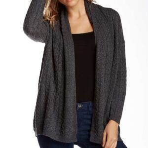 Joan Vass Cashmere Blend Dark Grey Cable Shawl Front Knit Sweater Cardigan XS